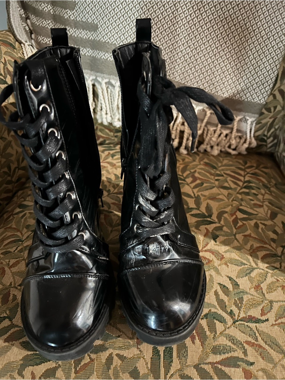 Wild Diva Black Patent Lace-Up Combat Boots